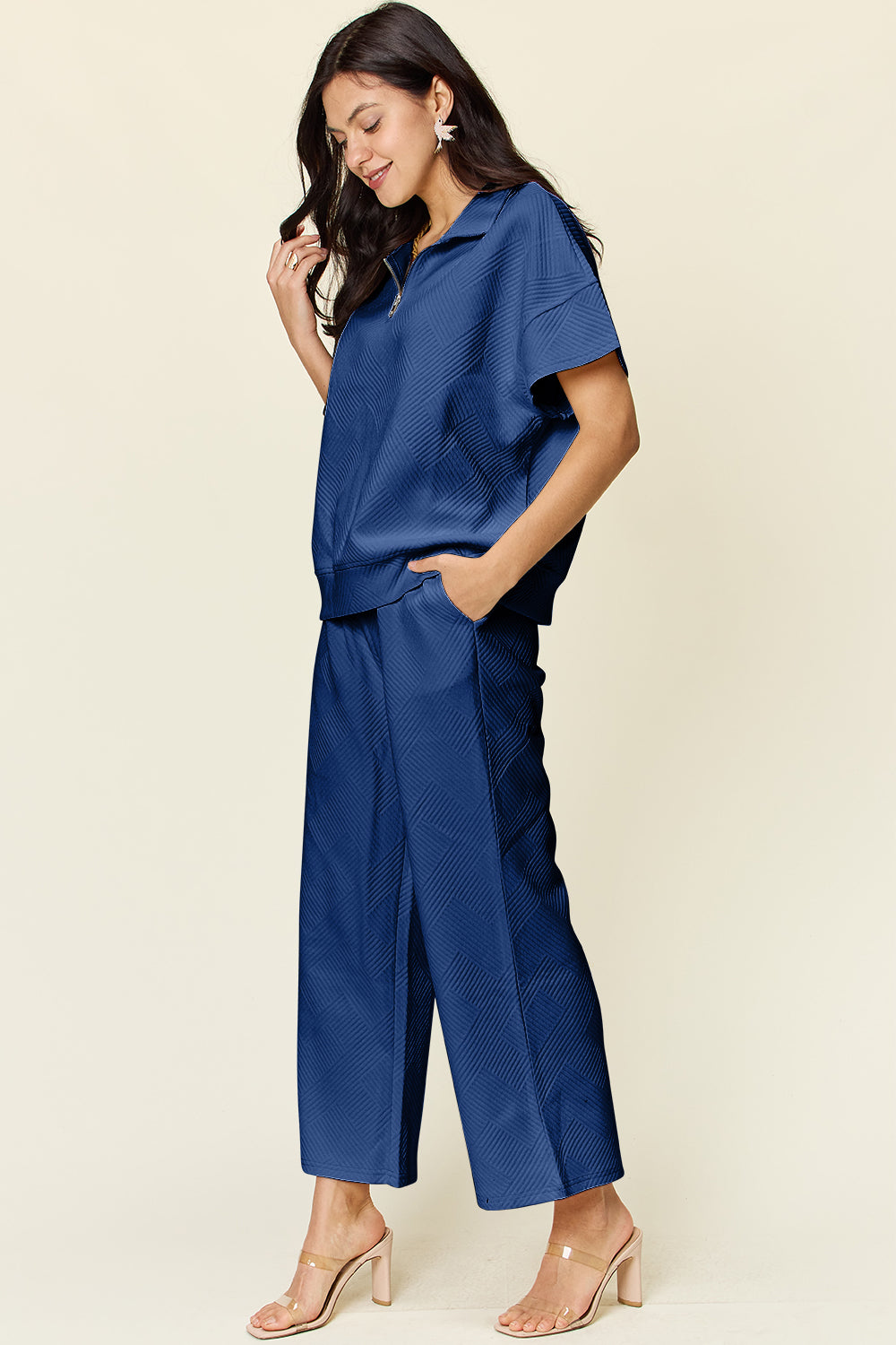 Blue Zone Planet | Double Take Full Size Texture Half Zip Short Sleeve Top and Pants Set-TOPS / DRESSES-[Adult]-[Female]-2022 Online Blue Zone Planet