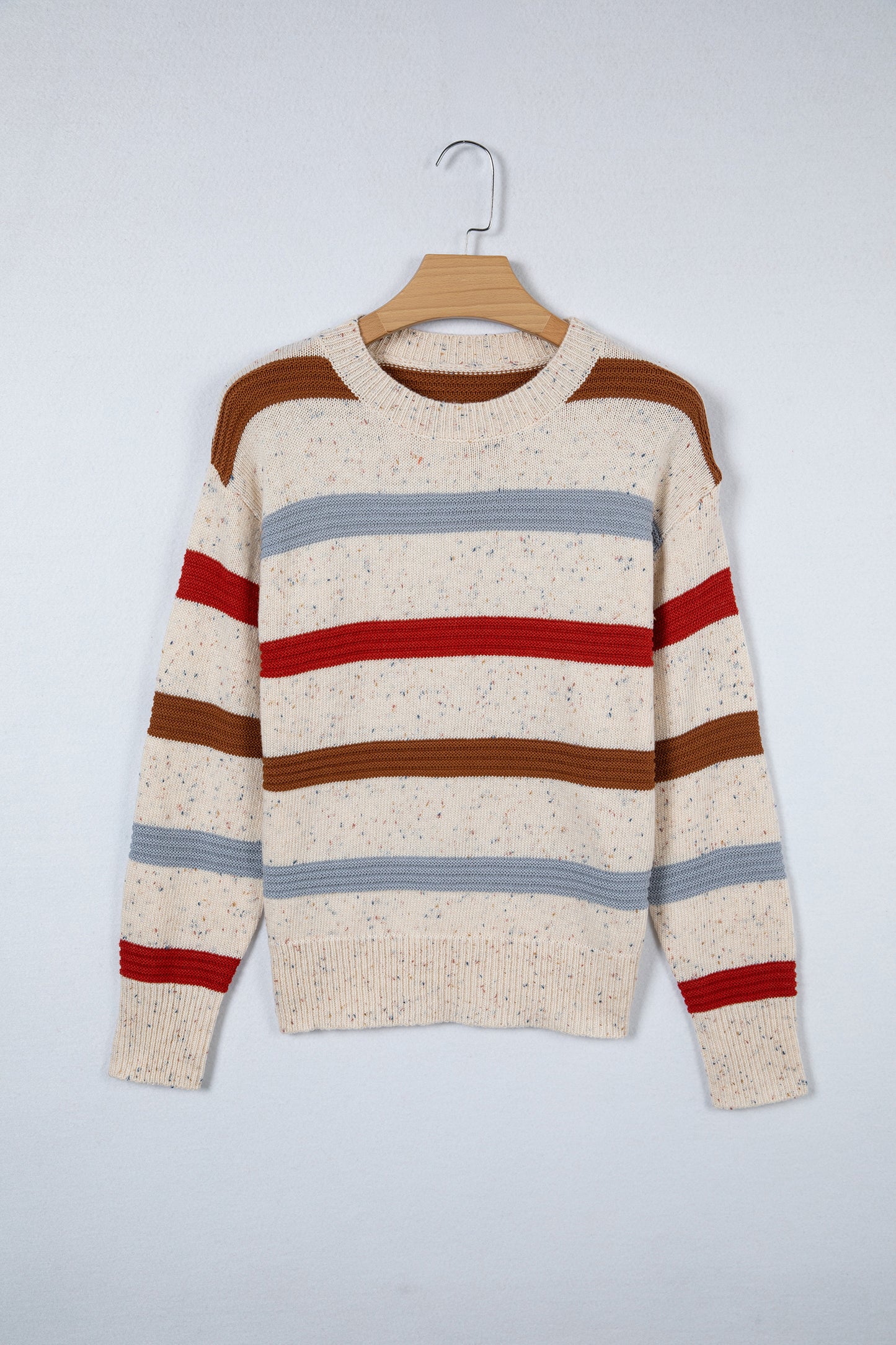 Beige Stripe Exposed Seam Drop Shoulder Heathered Knit Sweater-TOPS / DRESSES-[Adult]-[Female]-2022 Online Blue Zone Planet