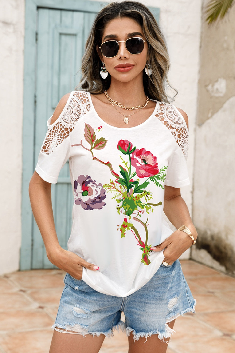 Shiny Lace Detail Round Neck Cold Shoulder Blouse-TOPS / DRESSES-[Adult]-[Female]-2022 Online Blue Zone Planet