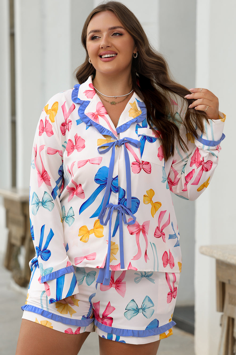 Sky Blue Bow Print Tied Ruffled Pajama Set-Loungewear & Sleepwear/Sleepwear-[Adult]-[Female]-2022 Online Blue Zone Planet