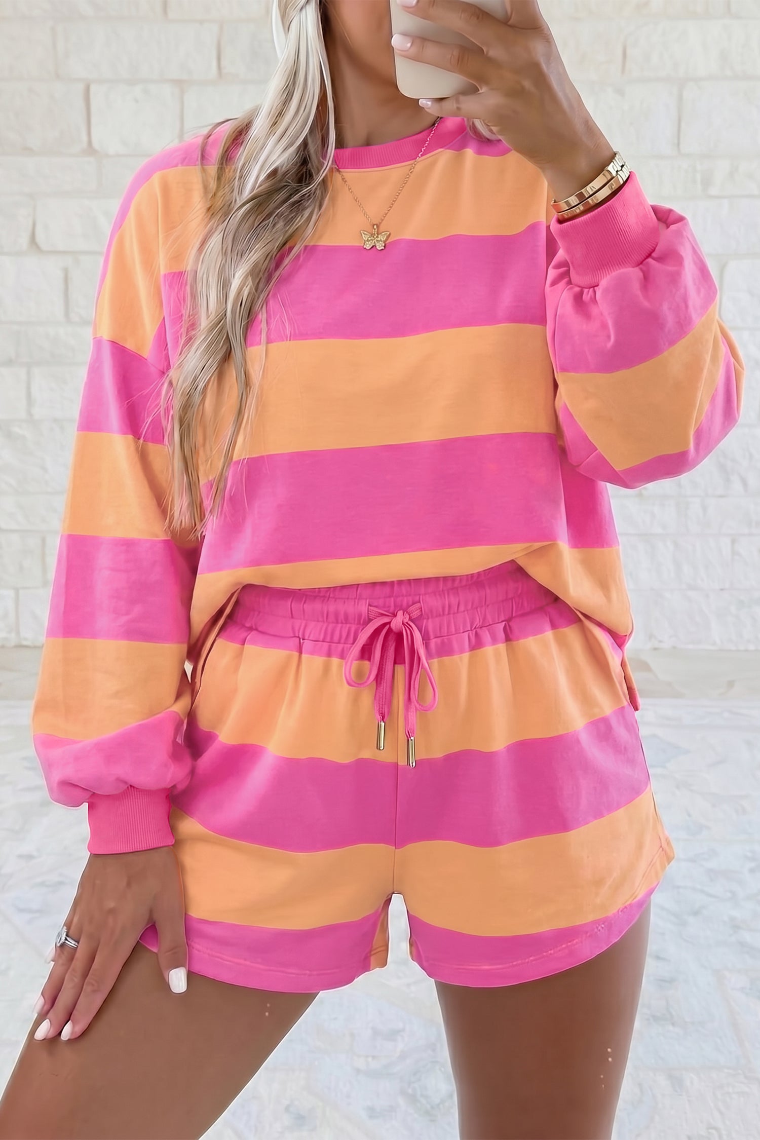 Pink Stripe Long Sleeve Casual Top Drawstring Shorts 2pcs Set-Two Piece Sets/Short Sets-[Adult]-[Female]-2022 Online Blue Zone Planet