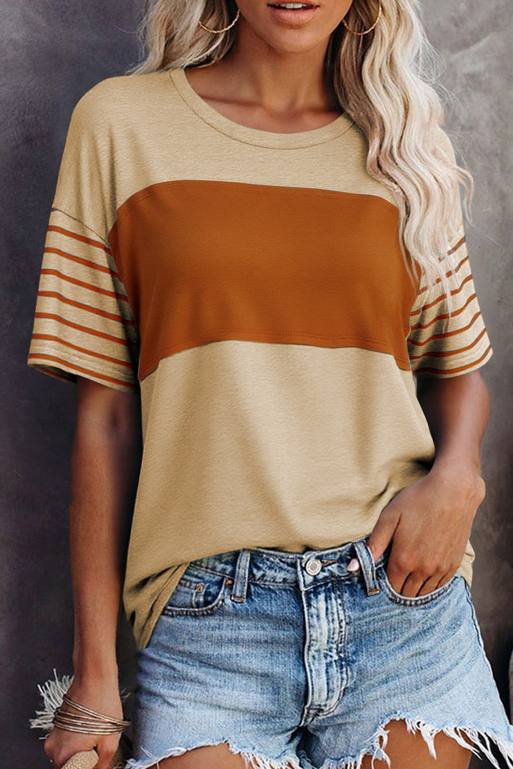 Tan Color Block Striped Detail Loose T Shirt-Tops/Tops & Tees-[Adult]-[Female]-Tan-S-2022 Online Blue Zone Planet