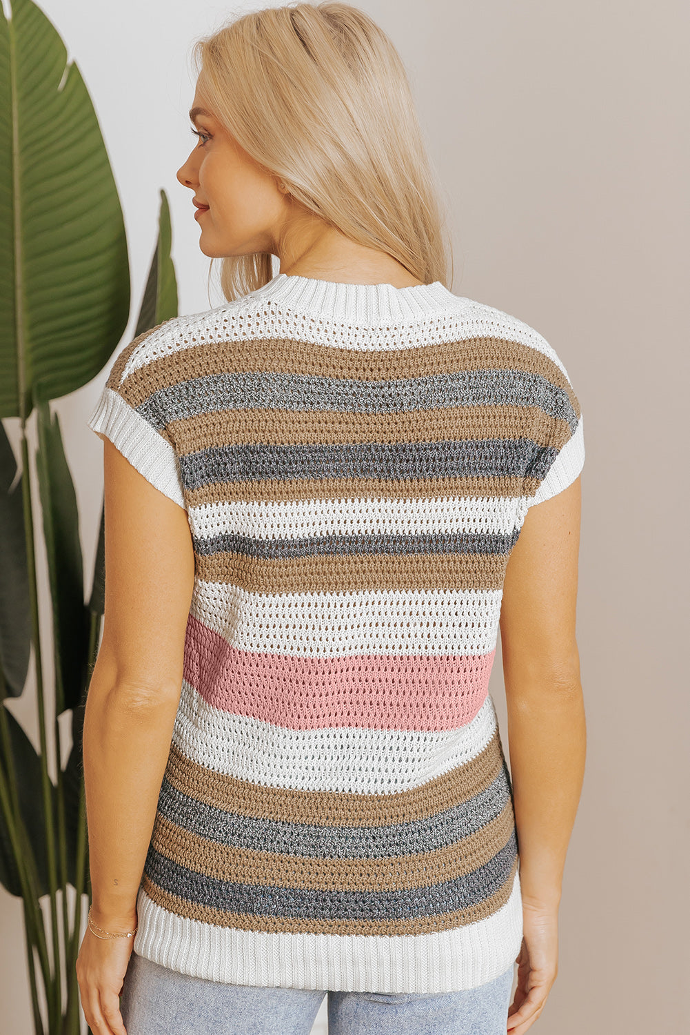 Blue Zone Planet | Pink Stripe Color Block Eyelet Knit Short Sleeve Sweater Tee-Sweaters & Cardigans/Short Sleeve Sweaters-[Adult]-[Female]-2022 Online Blue Zone Planet