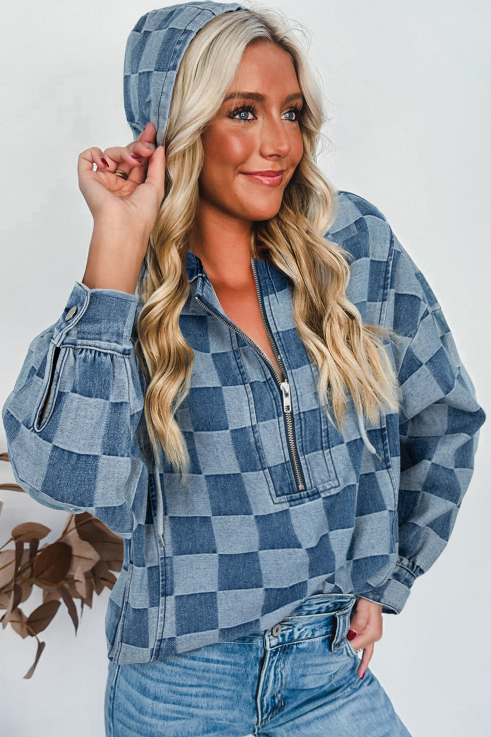 Sky Blue Checkerboard Zipped Neck Kangaroo Pocket Denim Hoodie-Tops/Sweatshirts & Hoodies-[Adult]-[Female]-2022 Online Blue Zone Planet