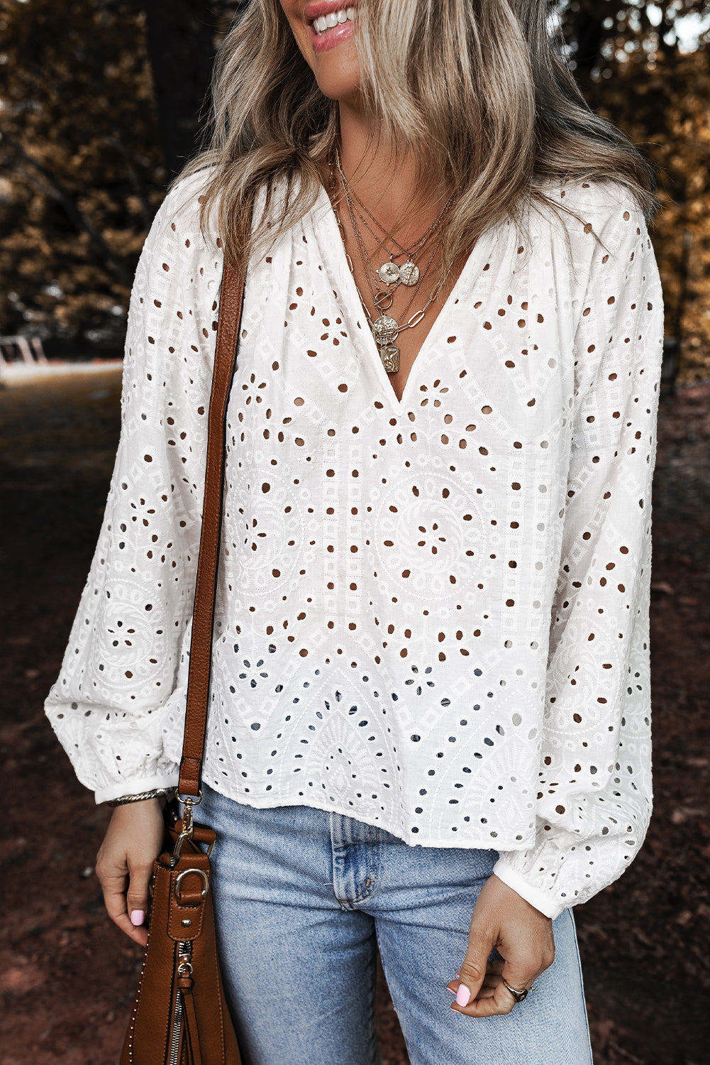 White Eyelet Embroidered Puff Sleeve V Neck Blouse-Blouses-[Adult]-[Female]-2022 Online Blue Zone Planet