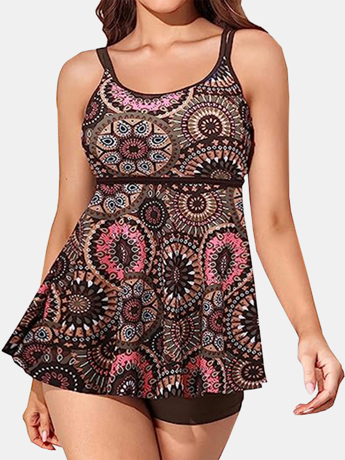 Blue Zone Planet | Printed Scoop Neck Two-Piece Swim Set-TOPS / DRESSES-[Adult]-[Female]-Brown-M-2022 Online Blue Zone Planet