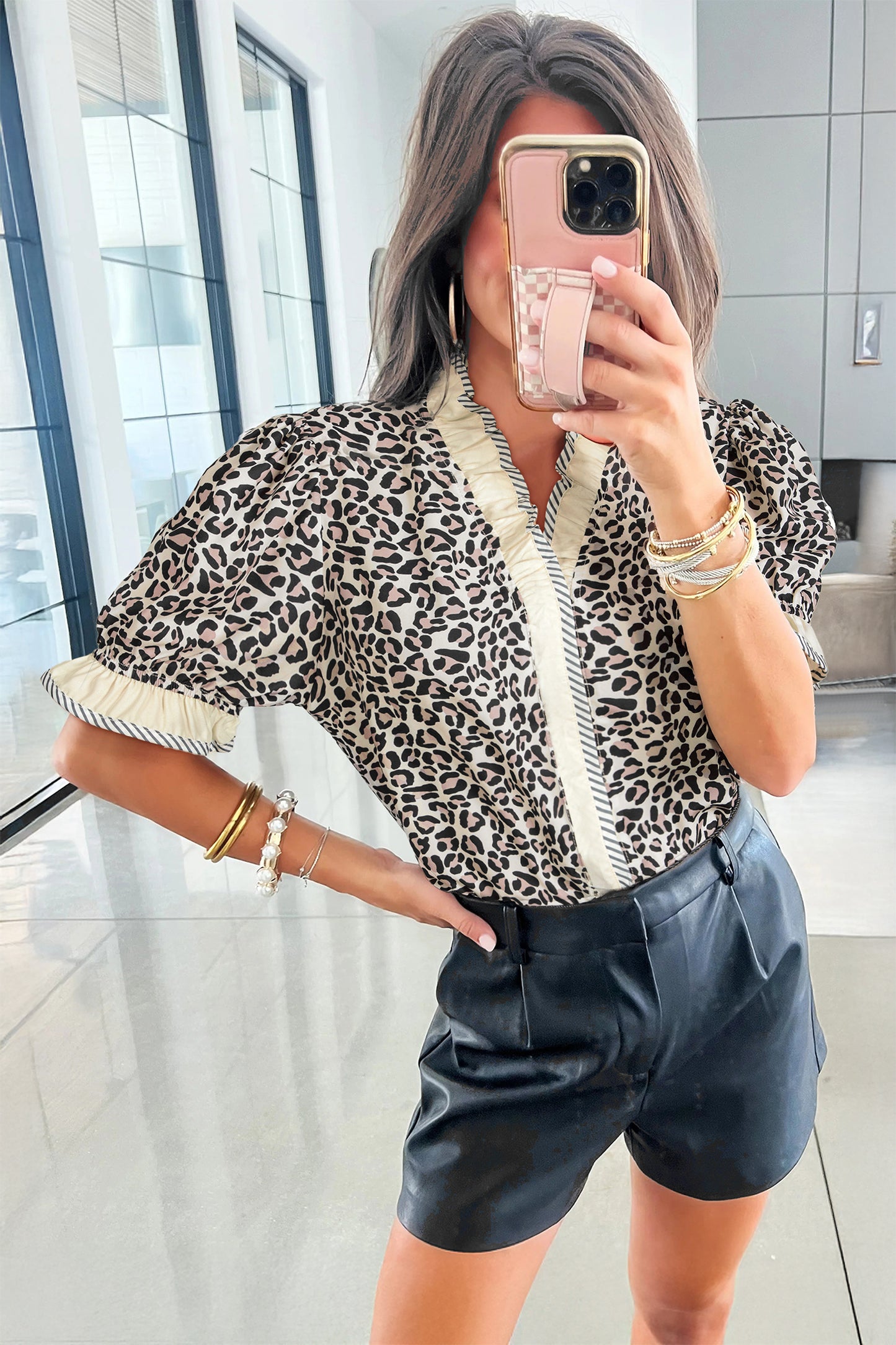 Black Leopard Print Striped Ruffled Color Block Trim V Neck Short Sleeve Blouse-Tops/Blouses & Shirts-[Adult]-[Female]-2022 Online Blue Zone Planet