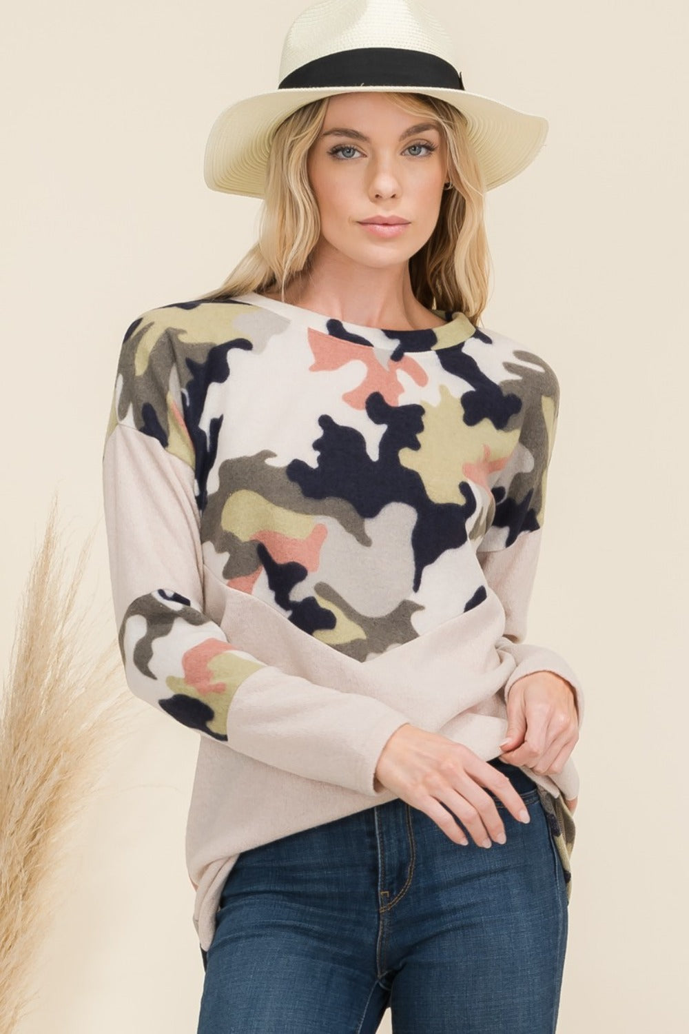 Celeste Full Size Camo Print Contrast Long Sleeve T-Shirt-TOPS / DRESSES-[Adult]-[Female]-2022 Online Blue Zone Planet