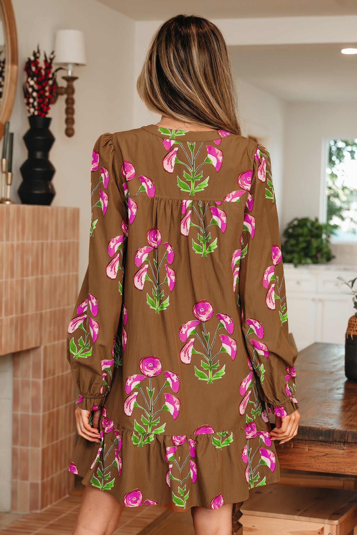 Brown Contrast Floral Print Babydoll Tunic Ruffled Hem Puff Sleeve Dress-TOPS / DRESSES-[Adult]-[Female]-2022 Online Blue Zone Planet