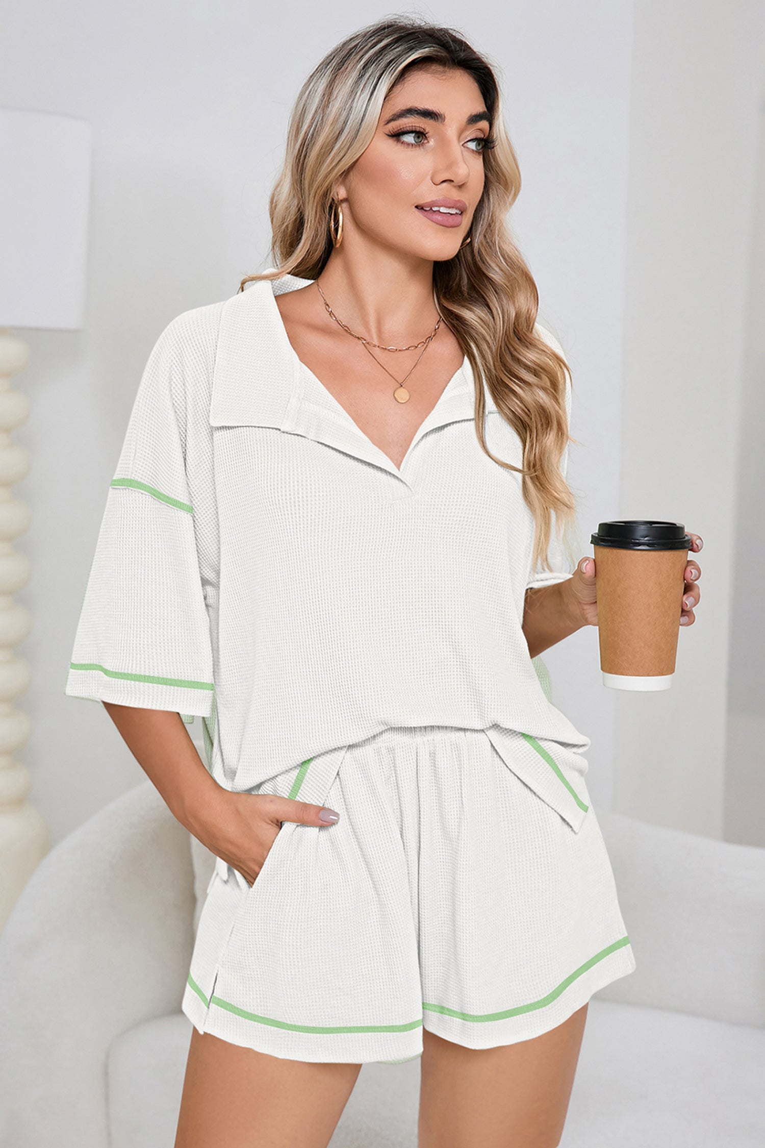 Pink Breathable Waffle Color Block Trim 2pcs Casual Short Set-Two Piece Sets/Short Sets-[Adult]-[Female]-2022 Online Blue Zone Planet