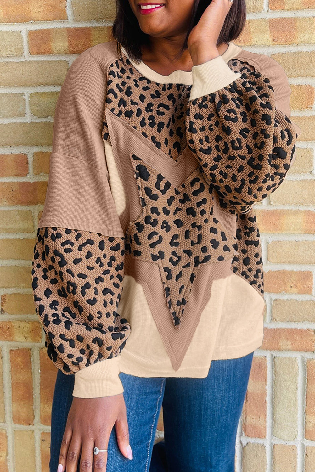 Light French Beige Leopard Star Color Block Patchwork Textured Baggy Sweatshirt-Tops/Sweatshirts & Hoodies-[Adult]-[Female]-Light French Beige-S-2022 Online Blue Zone Planet