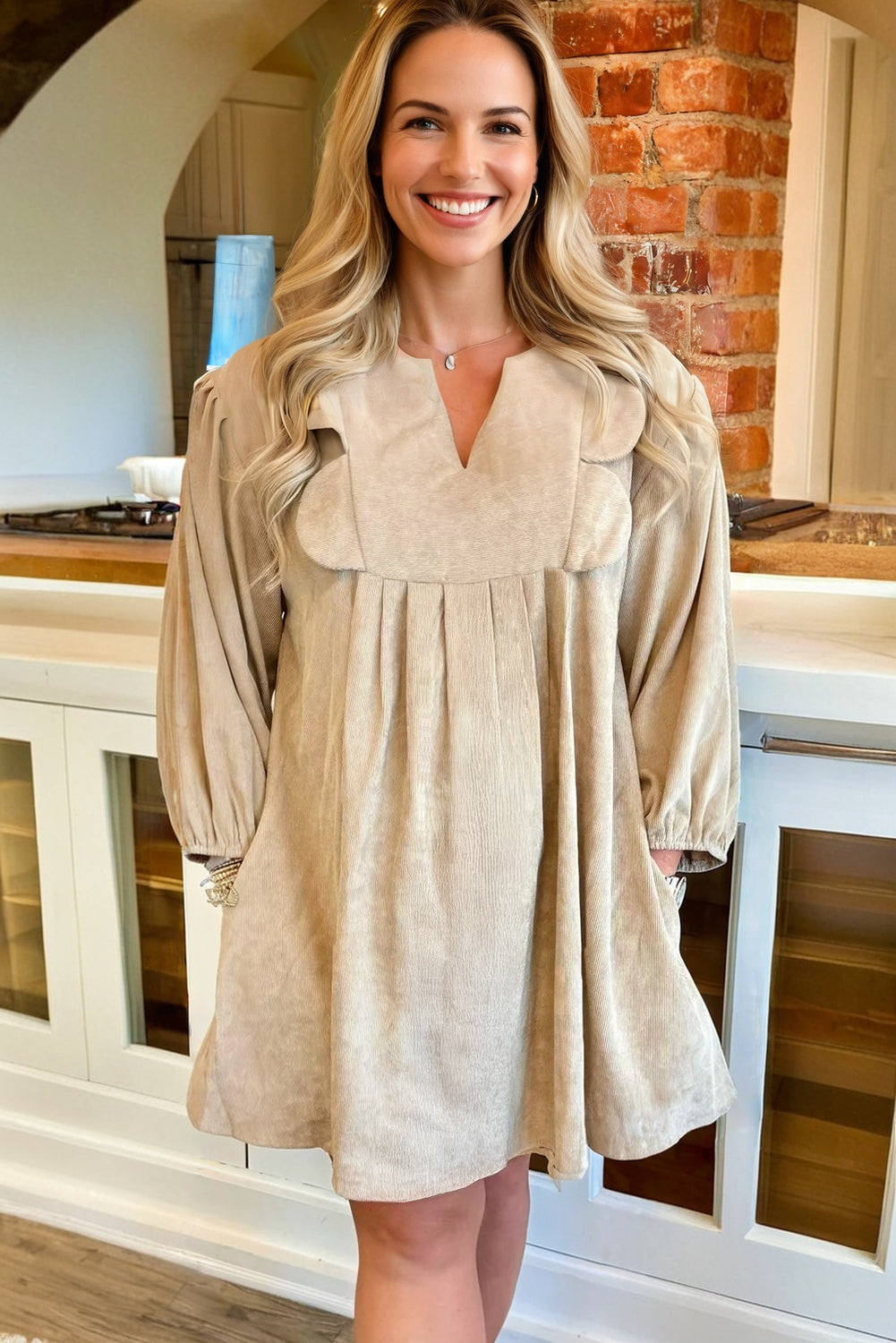 Parchment Notched Neck Scallop Detail Plus Size Mini Dress-TOPS / DRESSES-[Adult]-[Female]-2022 Online Blue Zone Planet