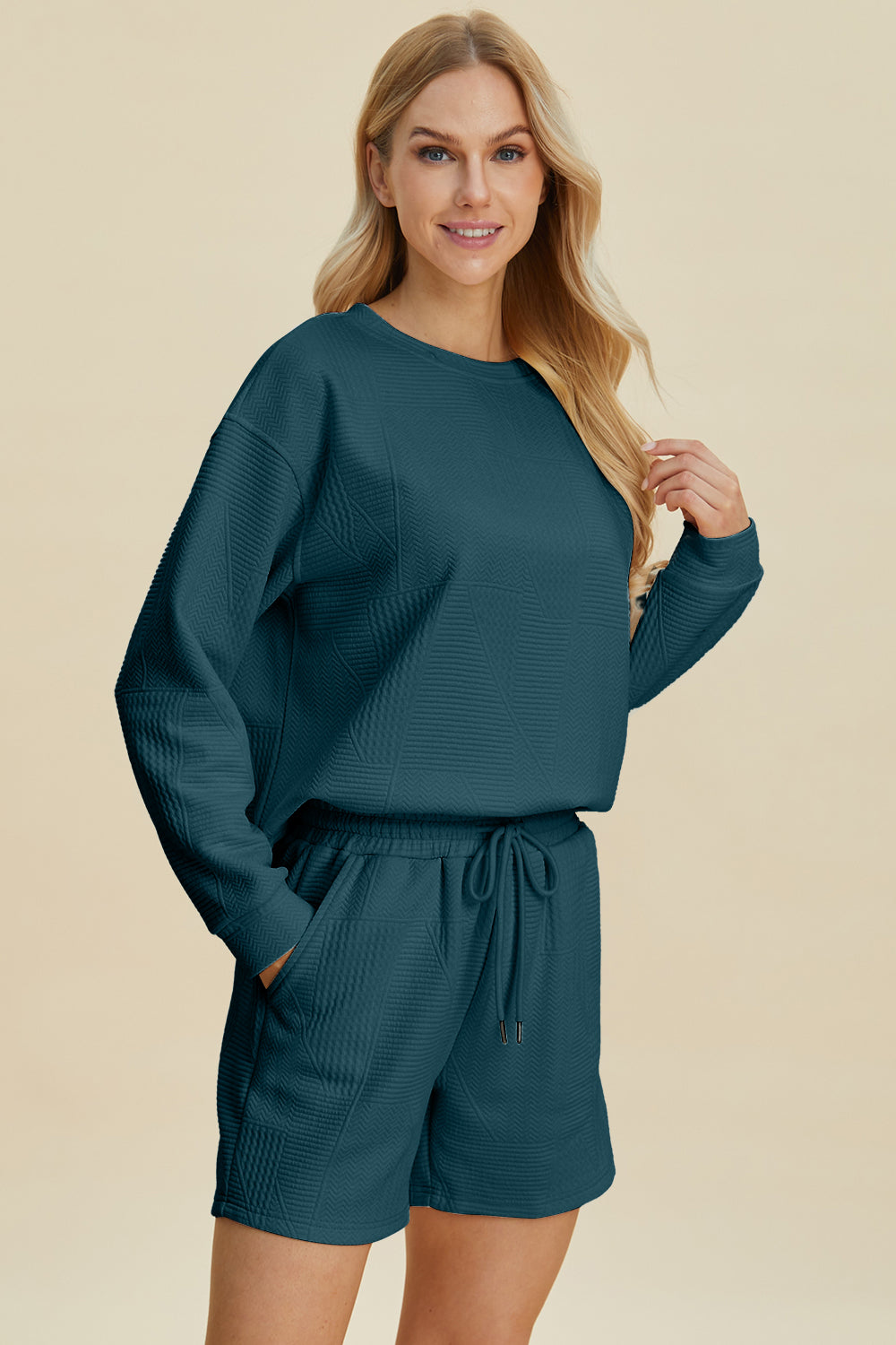 Double Take Full Size Texture Round Neck Long Sleeve Top and Shorts Set-TOPS / DRESSES-[Adult]-[Female]-2022 Online Blue Zone Planet