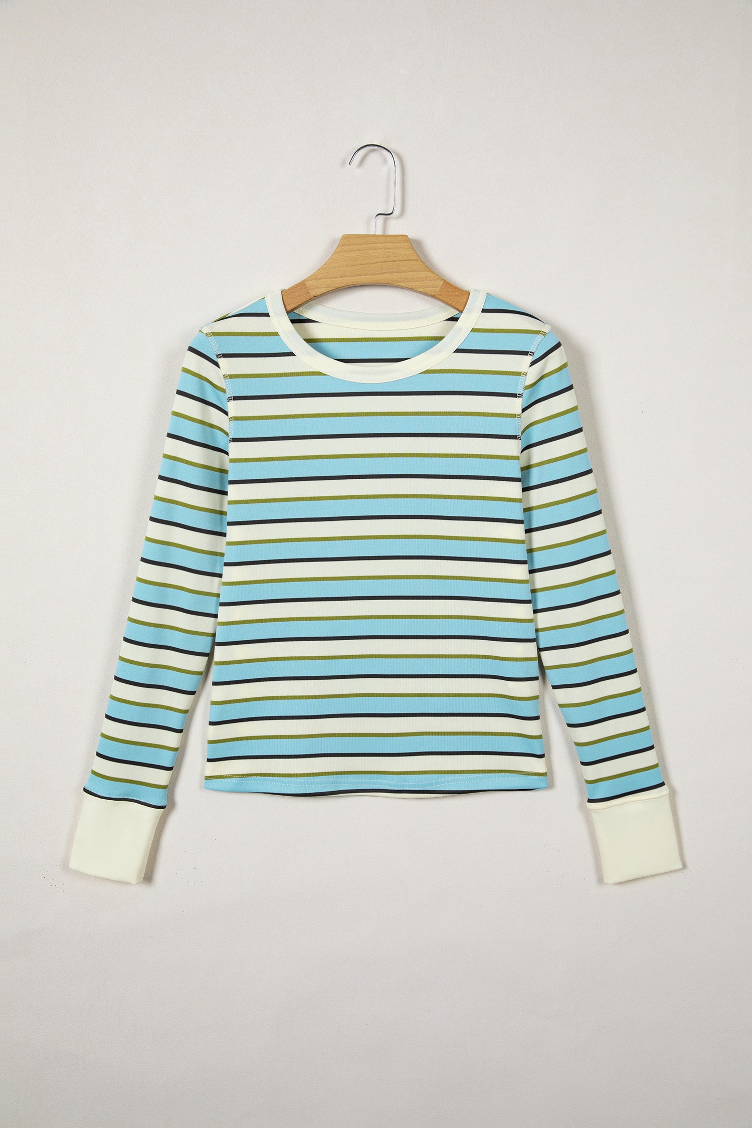 Multicolour Striped Round Neck Ribbed Knit Long Sleeve Top-Tops/Long Sleeve Tops-[Adult]-[Female]-2022 Online Blue Zone Planet