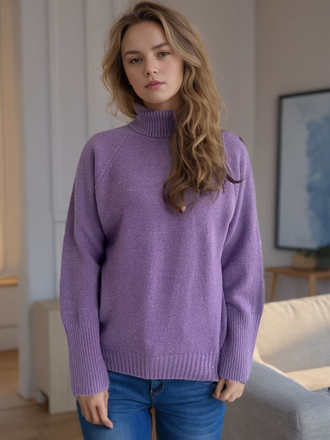 Blue Zone Planet | Turtleneck Raglan Sleeve Sweater-TOPS / DRESSES-[Adult]-[Female]-Purple-One Size-2022 Online Blue Zone Planet