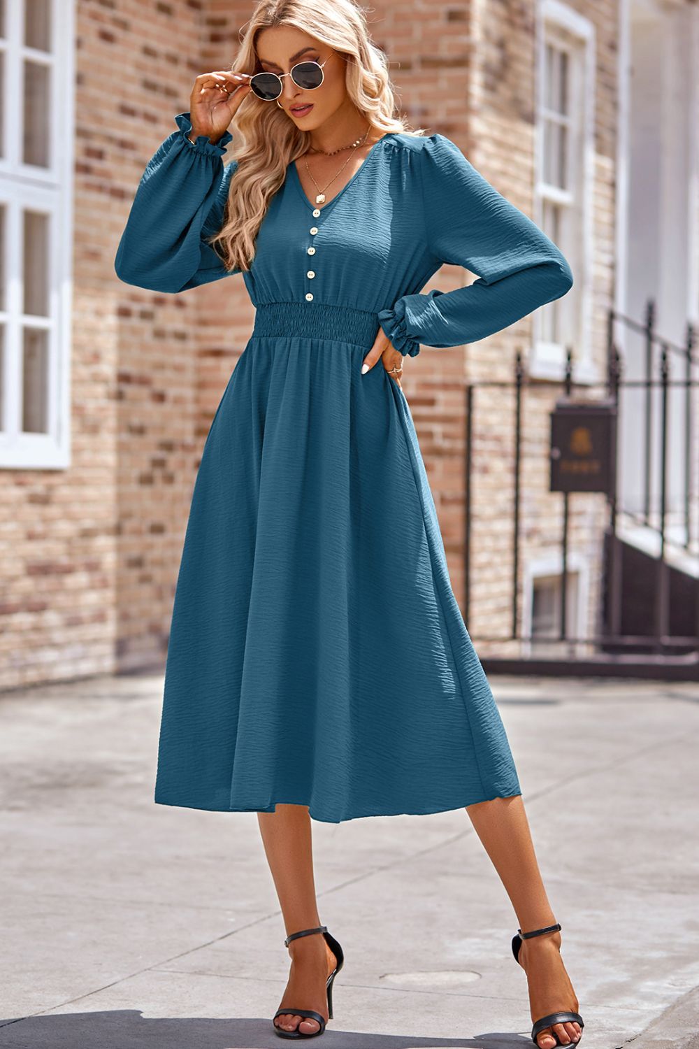 Blue Zone Planet | Smocked V-Neck Flounce Sleeve Midi Dress-TOPS / DRESSES-[Adult]-[Female]-2022 Online Blue Zone Planet