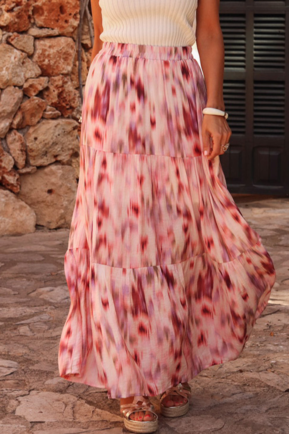 Pink Abstract Watercolor Tie Dye Tiered Maxi Skirt-Skirts-[Adult]-[Female]-2022 Online Blue Zone Planet