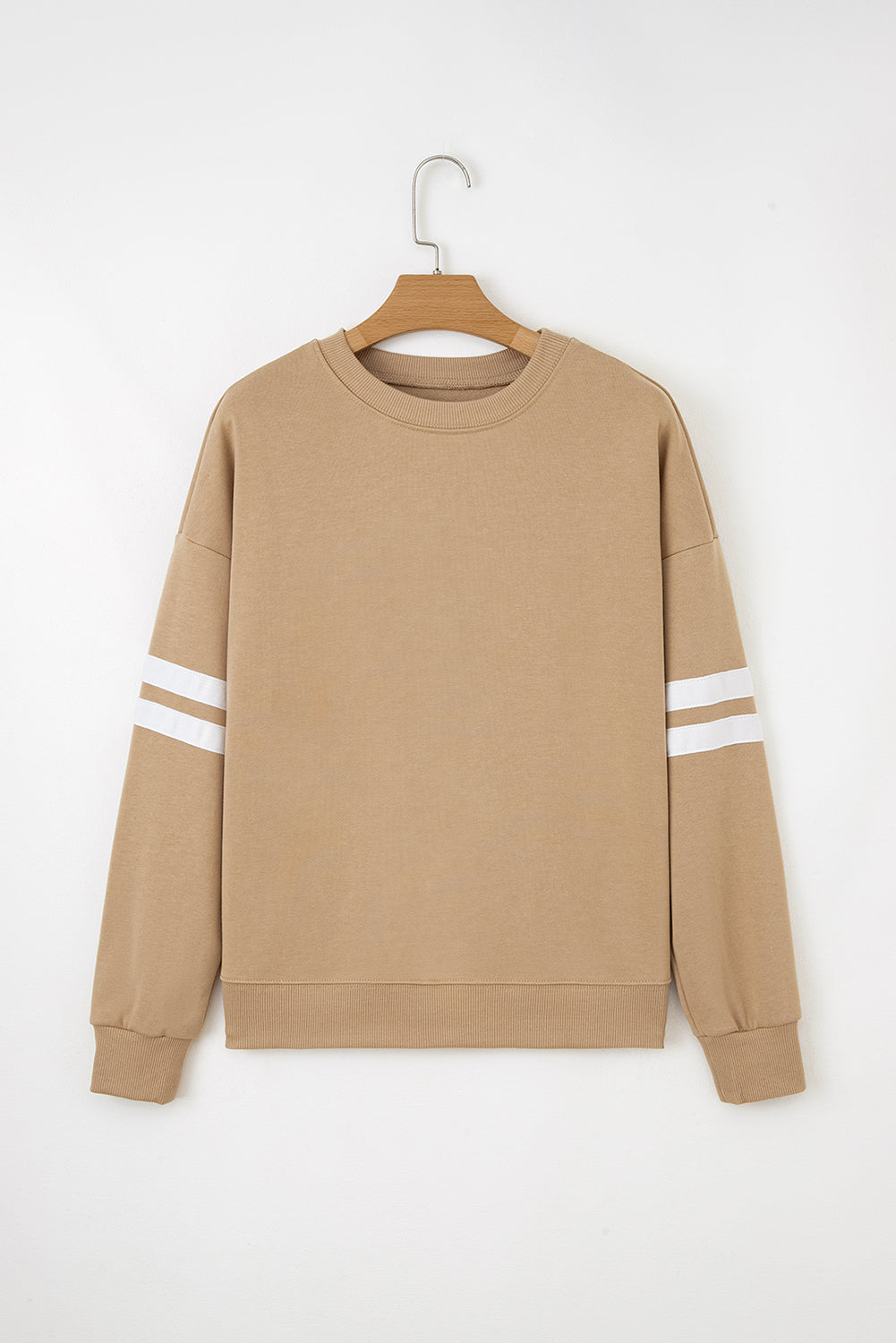 Light French Beige Varsity Striped Detail Drop Shoulder Oversized Sweatshirt-Tops/Sweatshirts & Hoodies-[Adult]-[Female]-2022 Online Blue Zone Planet