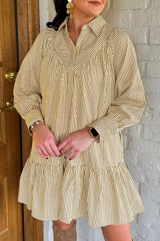 Brown Stripe Collared Neck Cuffed Long Sleeve Drop Waist Mini Dress-TOPS / DRESSES-[Adult]-[Female]-Brown Stripe-S-2022 Online Blue Zone Planet