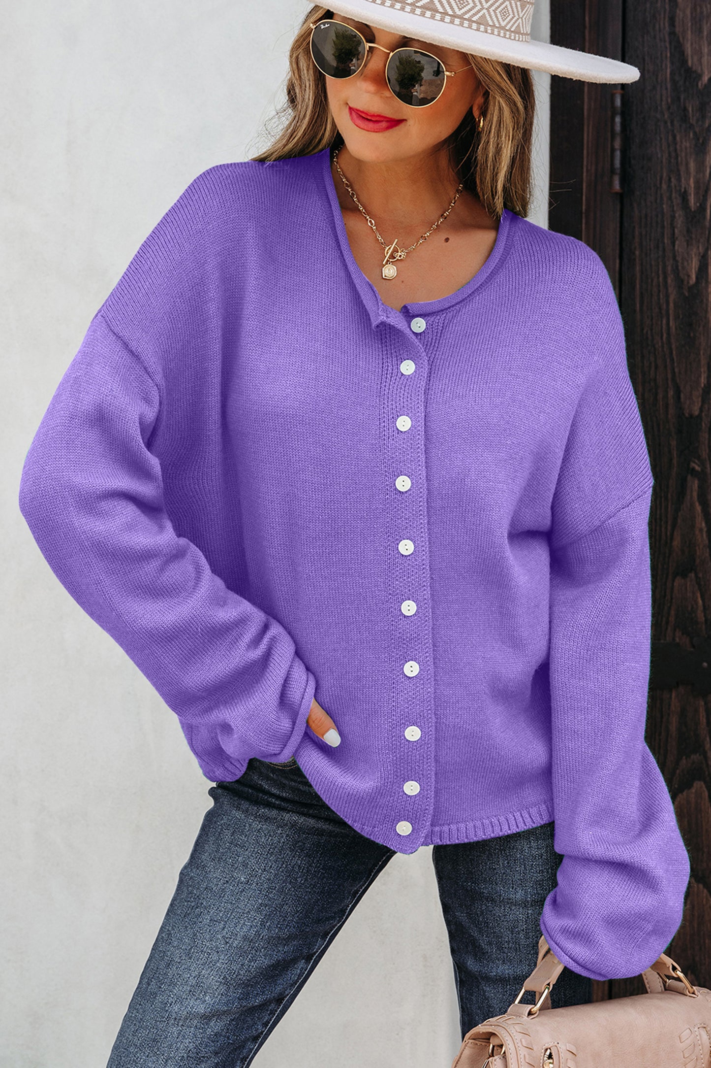 Wisteria Solid Color Knit Button Drop Shoulder Sweater Cardigan-Sweaters & Cardigans/Cardigans-[Adult]-[Female]-2022 Online Blue Zone Planet