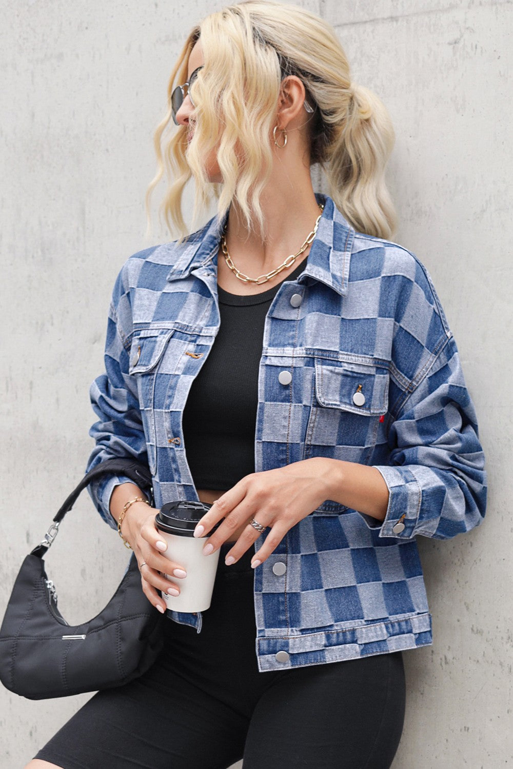 Blue Zone Planet | Checkered Button Up Long Sleeve Denim Jacket-TOPS / DRESSES-[Adult]-[Female]-2022 Online Blue Zone Planet