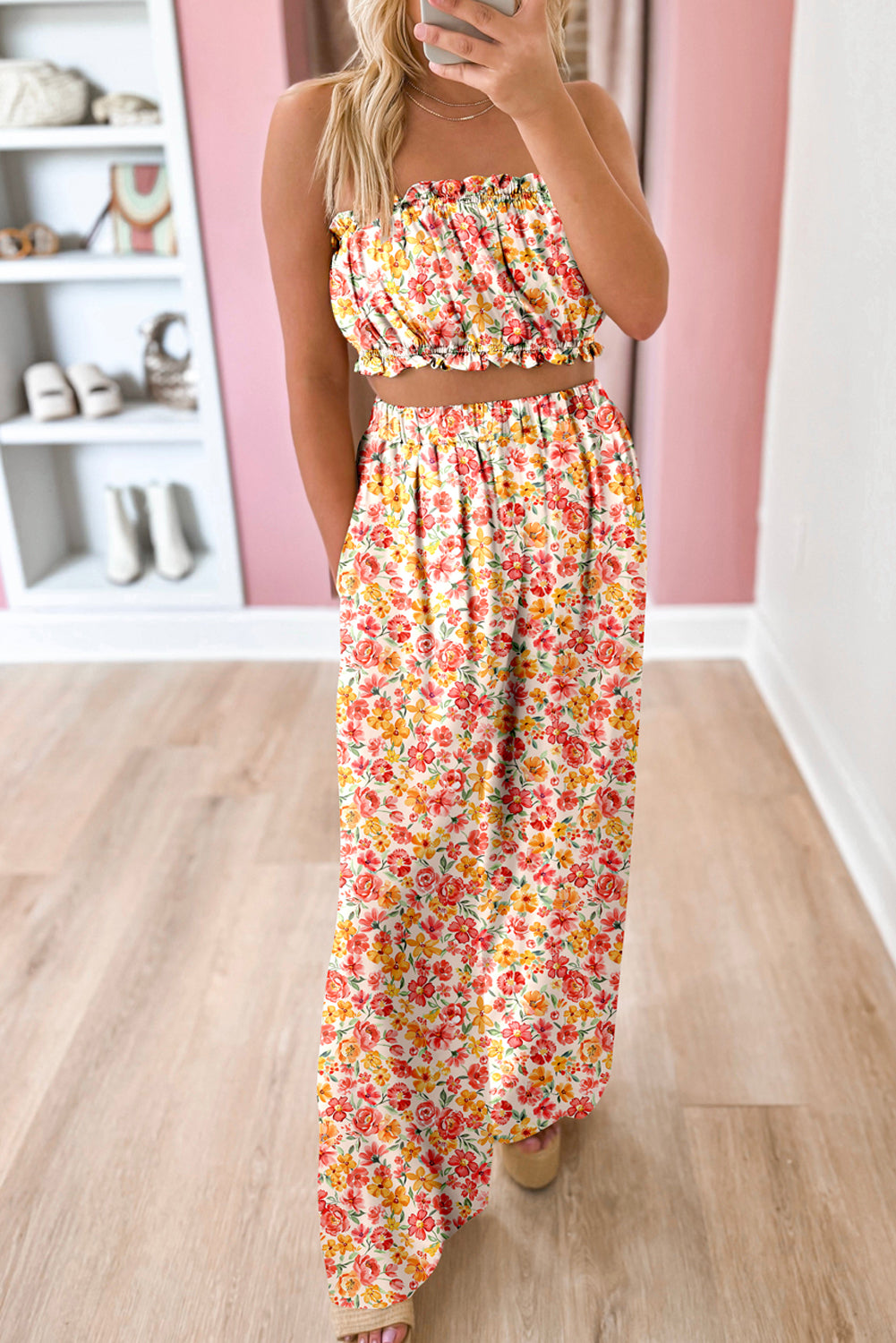 Pink Boho Floral Bandeau Top and High Waist Wide Leg Pants Set-Two Piece Sets/Pant Sets-[Adult]-[Female]-Pink-S-2022 Online Blue Zone Planet