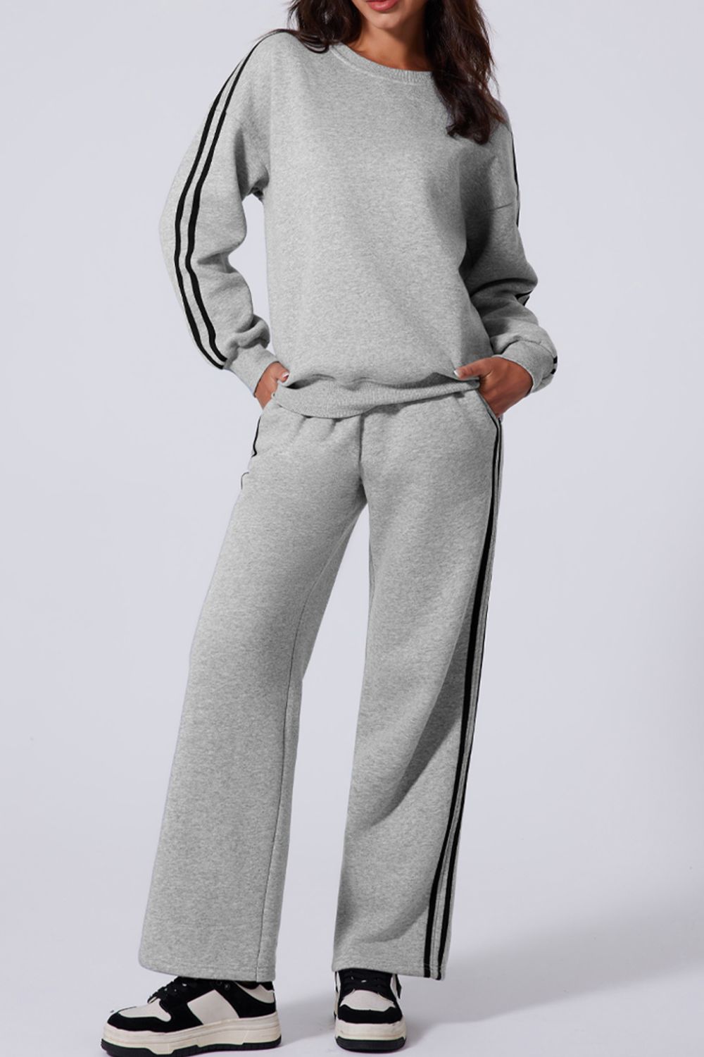 Side Striped Round Neck Top and Pants Active Set-TOPS / DRESSES-[Adult]-[Female]-Light Gray-S-2022 Online Blue Zone Planet