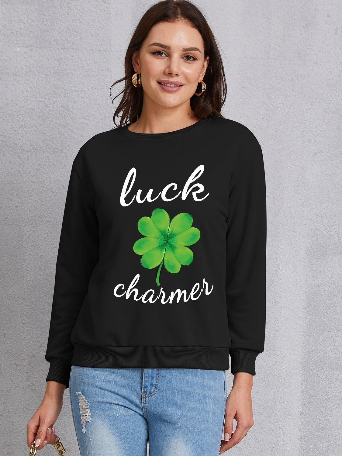 LUCK CHARMER Round Neck Sweatshirt-TOPS / DRESSES-[Adult]-[Female]-Black-S-2022 Online Blue Zone Planet