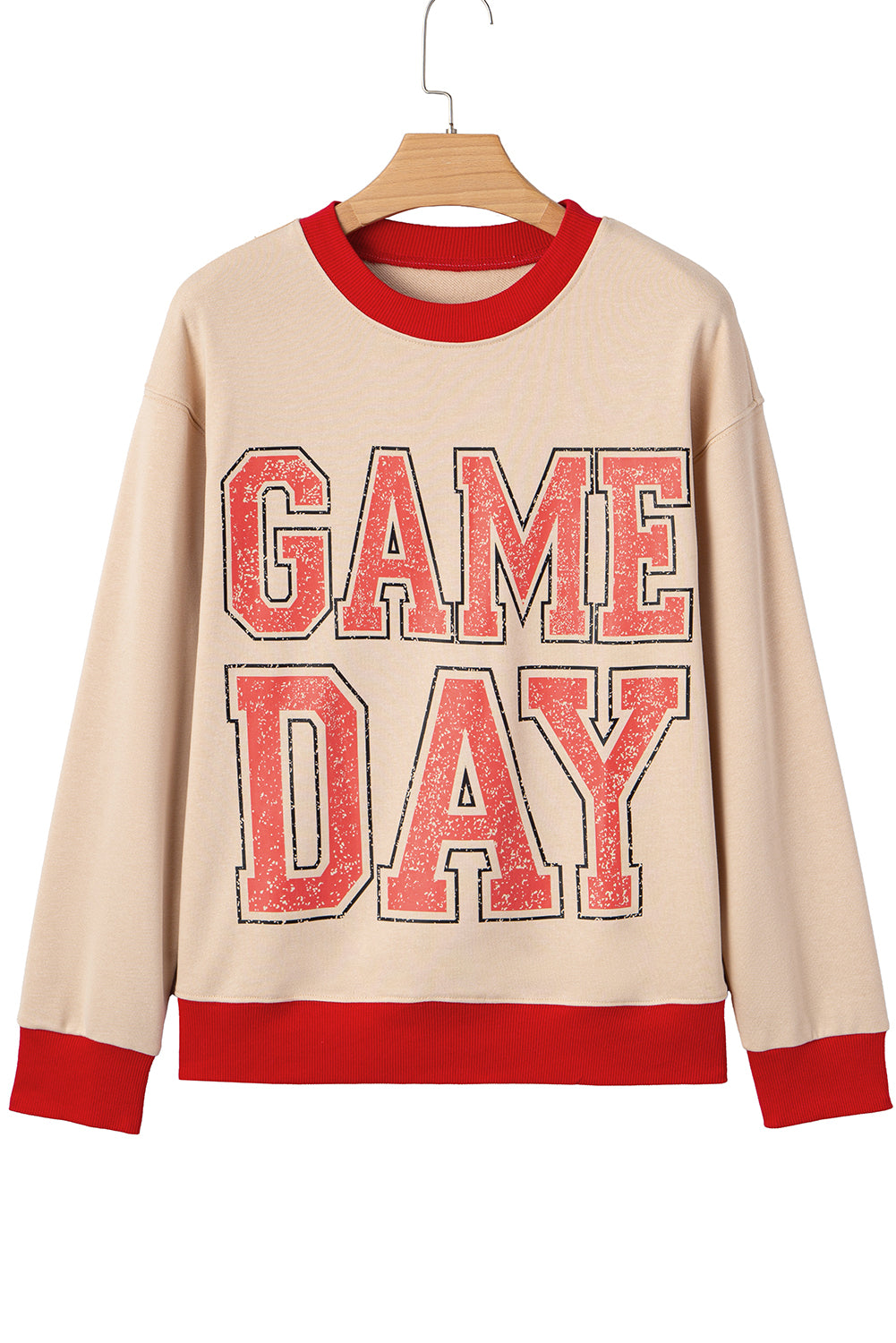 Oatmeal Game Day Letter Graphic Varsity Striped Detail Baggy Sweatshirt-Tops/Sweatshirts & Hoodies-[Adult]-[Female]-2022 Online Blue Zone Planet