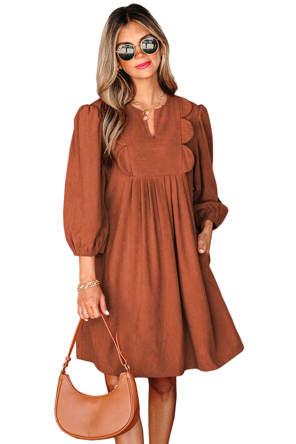 Cinnamon Bracelet Sleeve Split Neck Scallop Detail Pleated Corduroy Mini Dress-Bracelet-[Adult]-[Female]-2022 Online Blue Zone Planet