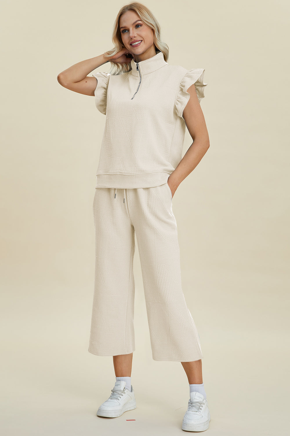 Double Take Full Size Texture Ruffle Short Sleeve Top and Wide Leg Pants Set-TOPS / DRESSES-[Adult]-[Female]-Ivory-S-2022 Online Blue Zone Planet