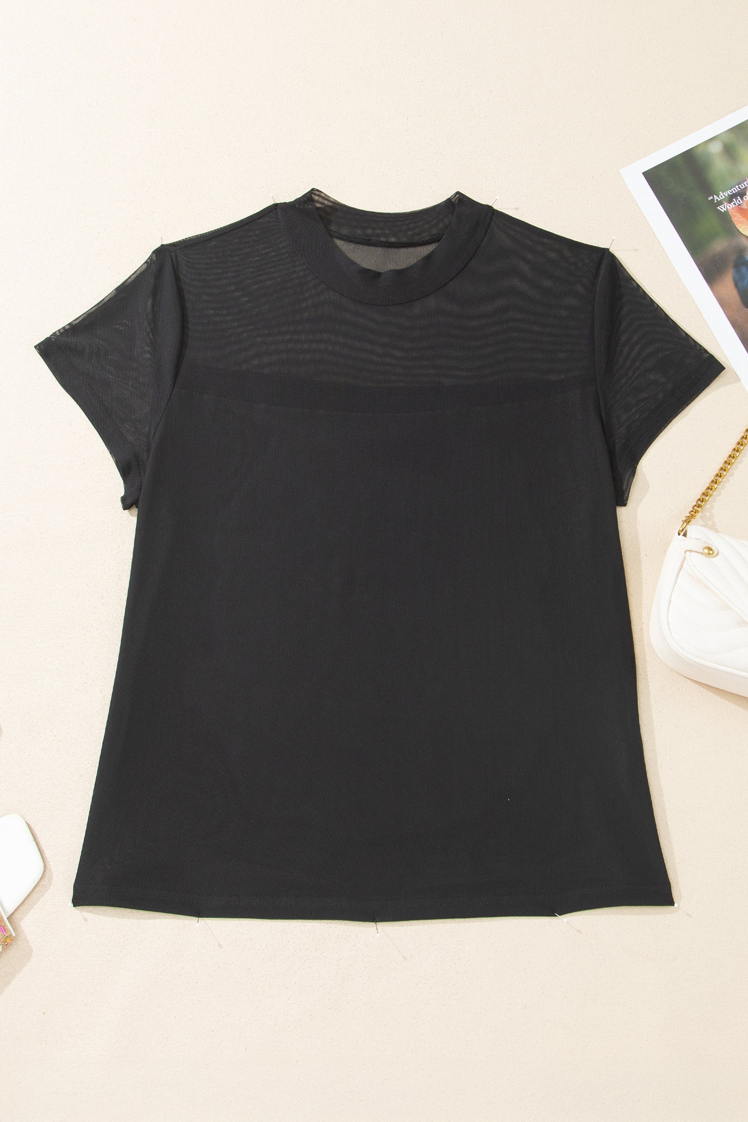 Black Plus Size Sheer Mesh Panel Short Sleeve Top-Plus Size/Plus Size Tops/Plus Size Tops & Tees-[Adult]-[Female]-2022 Online Blue Zone Planet