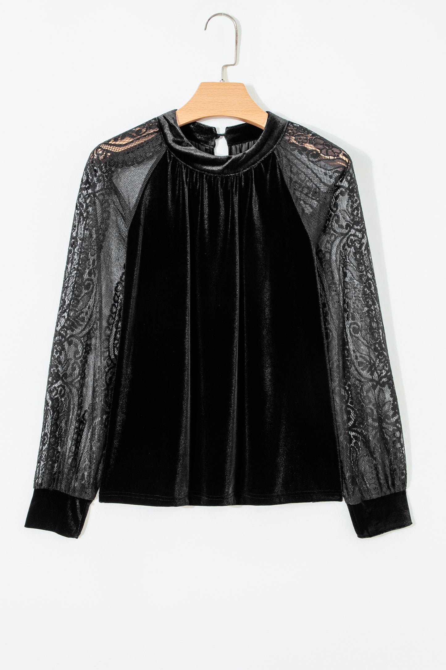 Color Black Solid Color Sheer Lace Long Sleeve Patchwork Stand Neck Velvet Blouse-Tops/Blouses & Shirts-[Adult]-[Female]-2022 Online Blue Zone Planet