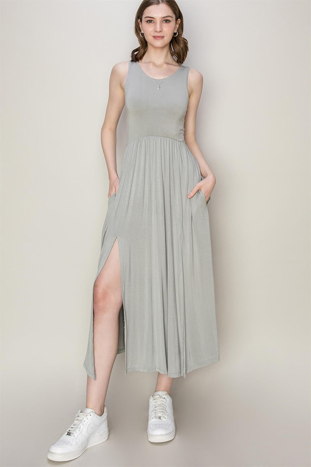 HYFVE Sleeveless Slit Midi Dress-[Adult]-[Female]-Gray-S-2022 Online Blue Zone Planet