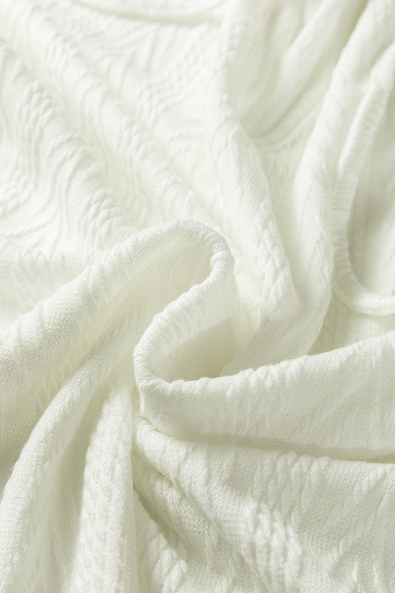 White Floral Patchwork Textured Knit Drawstring V Neck Blouse-Tops/Blouses & Shirts-[Adult]-[Female]-2022 Online Blue Zone Planet