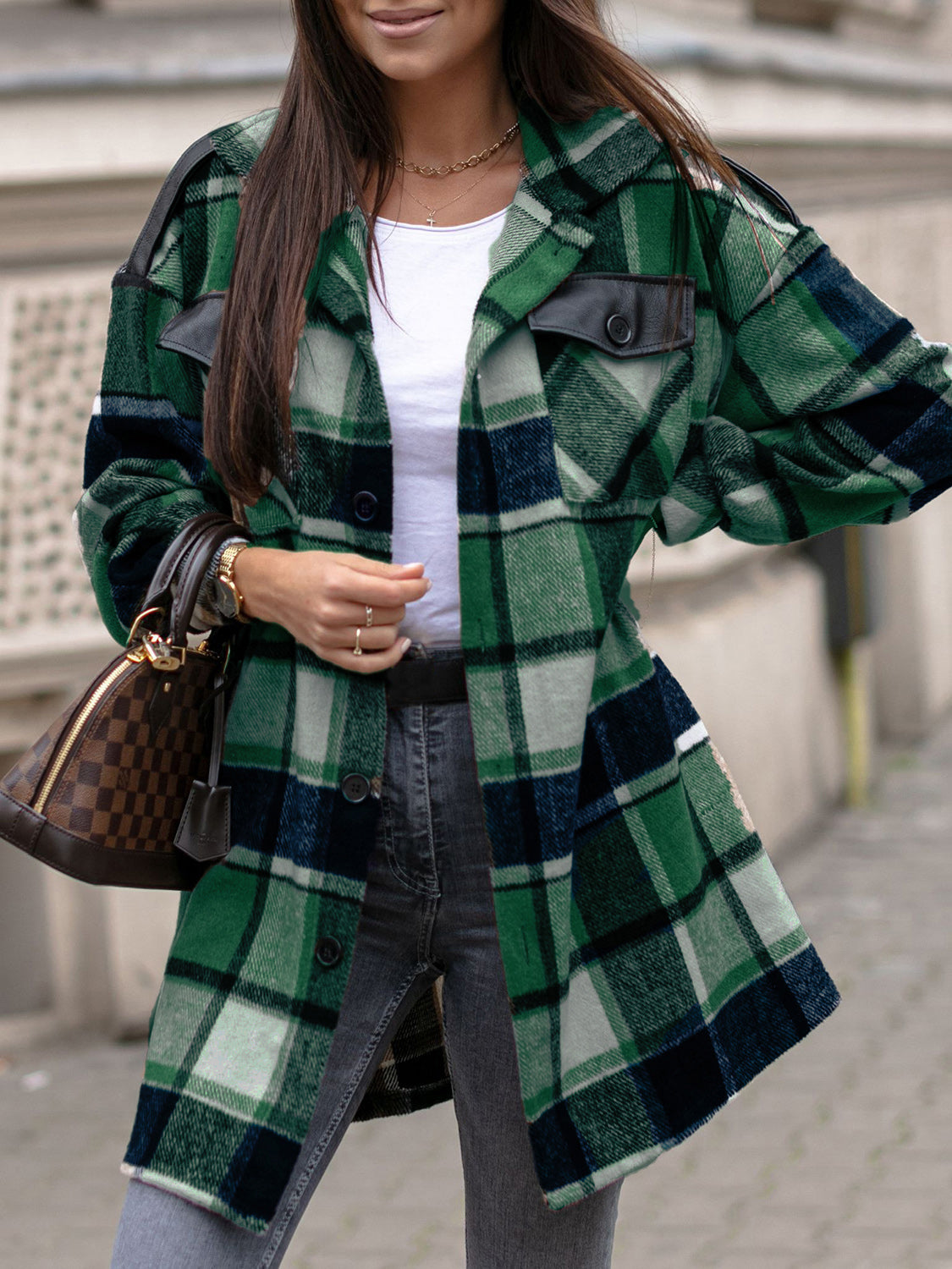 Blue Zone Planet | MeiMei Pocketed Plaid Button Up Dropped Shoulder Shacket-TOPS / DRESSES-[Adult]-[Female]-Dark Green-S-2022 Online Blue Zone Planet