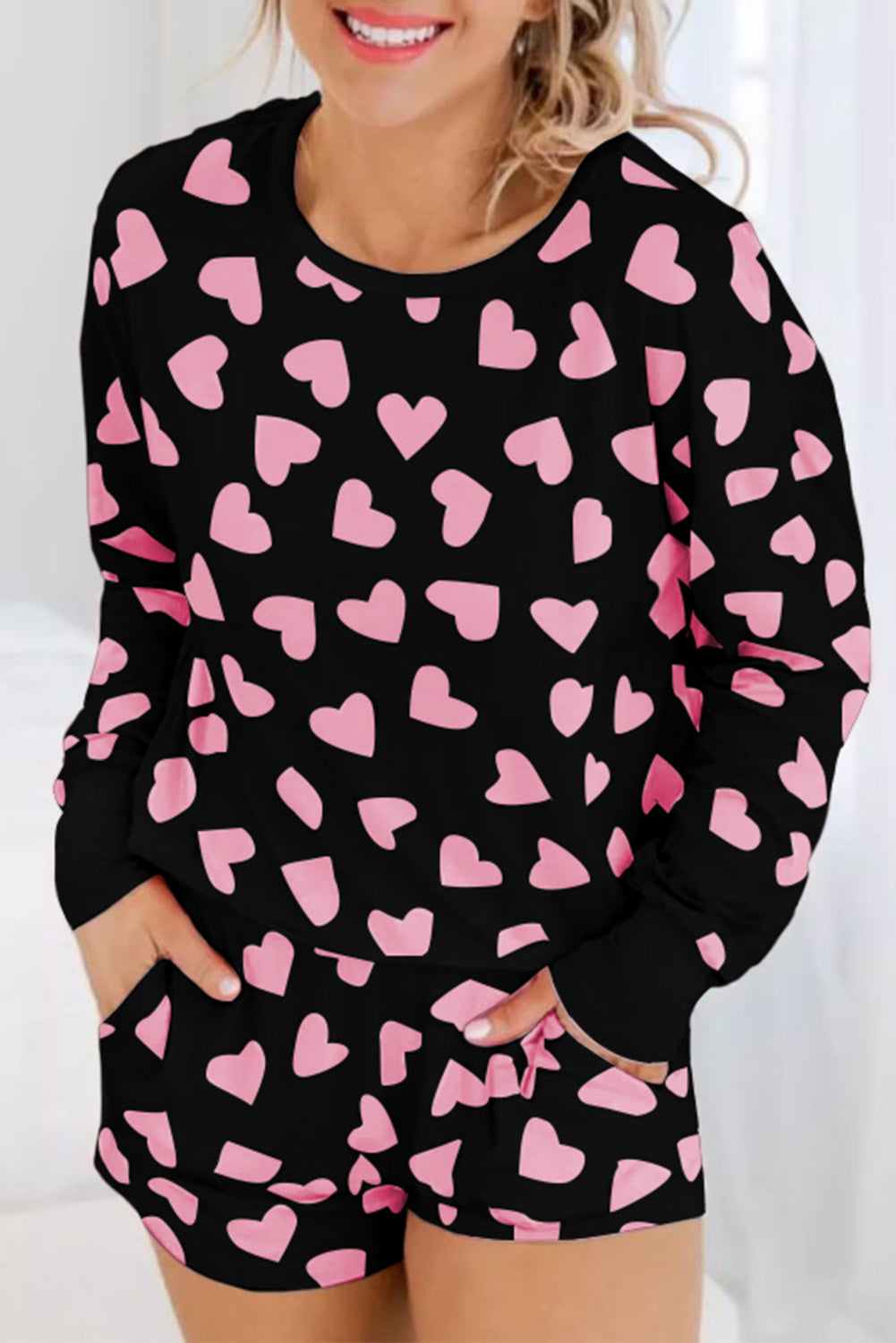 Black Valentine Heart Shape Print Long Sleeve Top Shorts Lounge Set-Sale (50% OFF)/30% OFF-[Adult]-[Female]-Black-S-2022 Online Blue Zone Planet