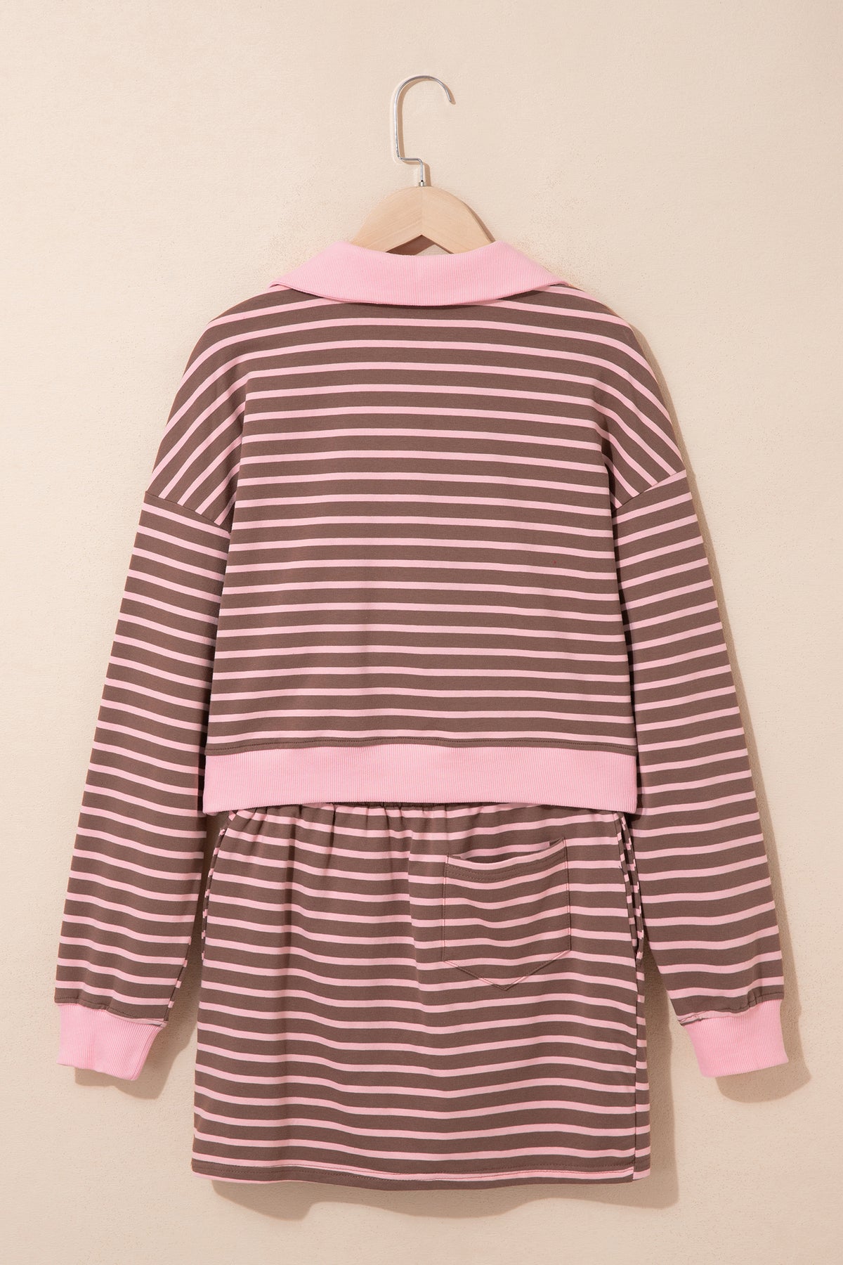 Brown Stripe Striped Drawstring Waist Long Sleeve Top Mini Skort Set-Two Piece Sets/Two Piece Dresses-[Adult]-[Female]-2022 Online Blue Zone Planet