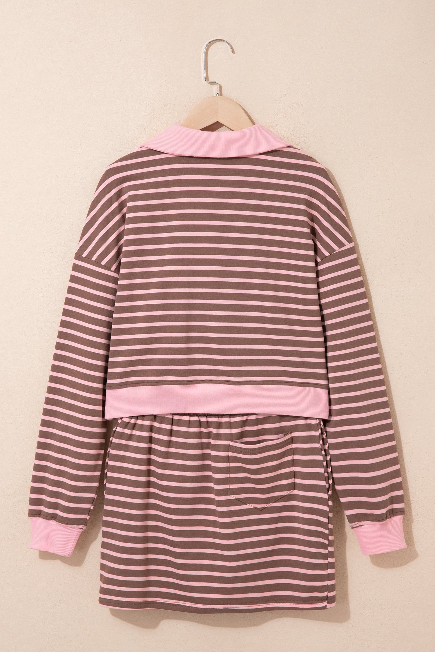 Brown Stripe Striped Drawstring Waist Long Sleeve Top Mini Skort Set-Two Piece Sets/Two Piece Dresses-[Adult]-[Female]-2022 Online Blue Zone Planet