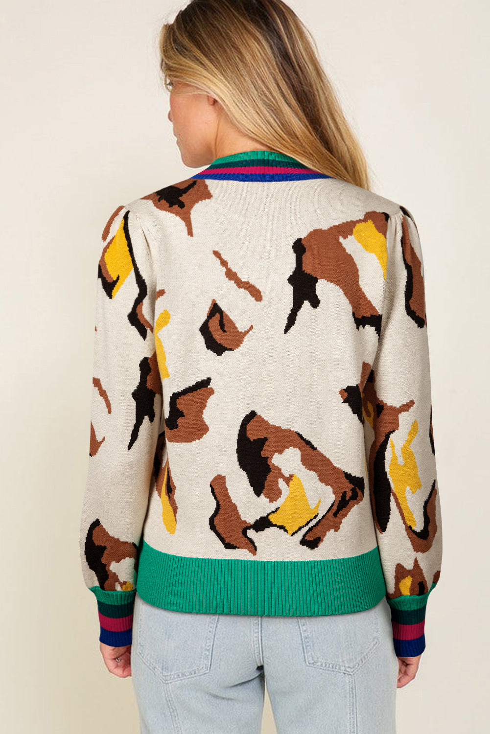 Apricot Contrast Ribbed Stripes Detail Animal Pattern Knit Sweater-TOPS / DRESSES-[Adult]-[Female]-2022 Online Blue Zone Planet