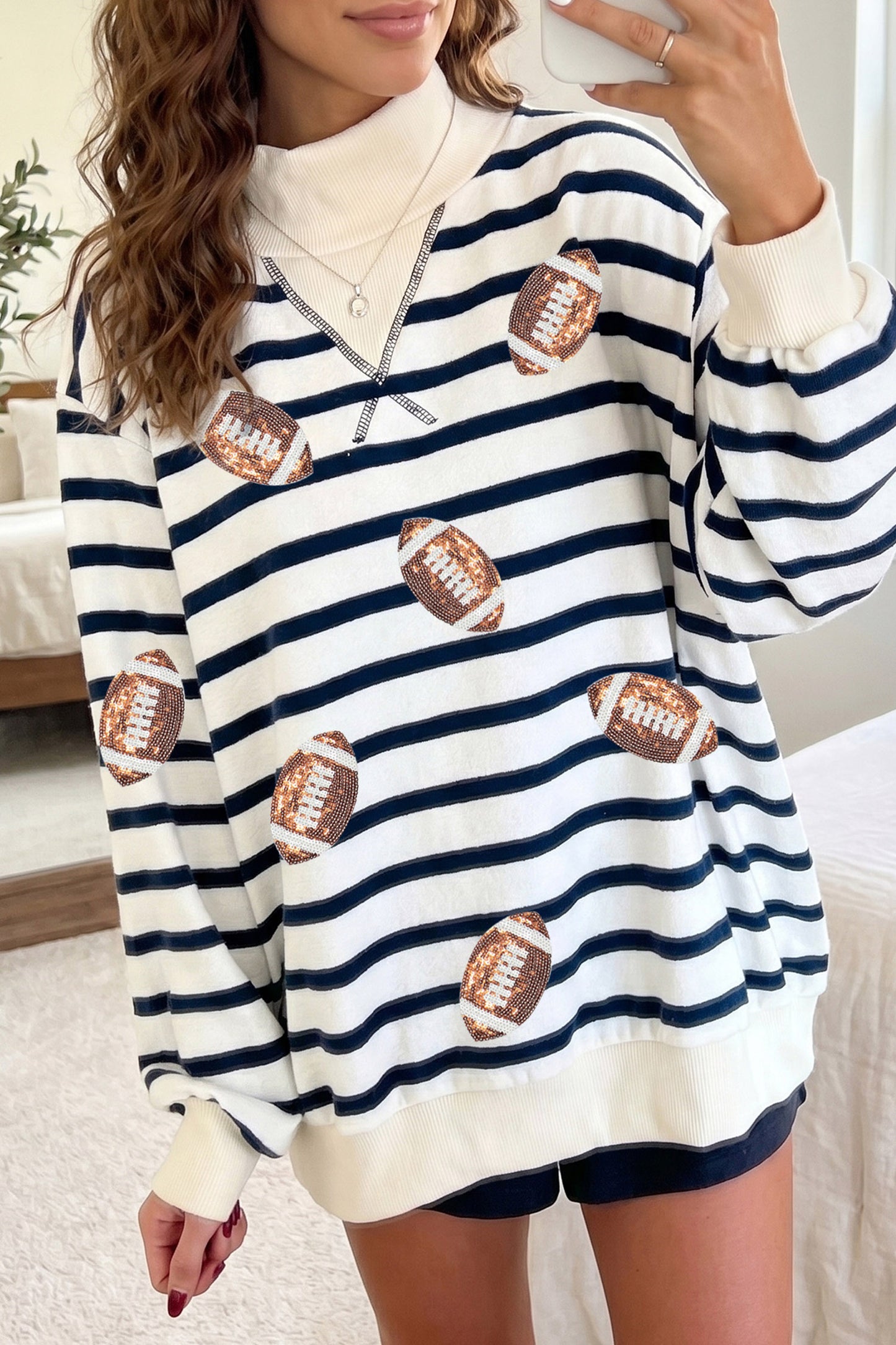 Blue Stripe Sequin Rugby Print Mock Neck Casual Sweatshirt-Graphic/Graphic Sweatshirts-[Adult]-[Female]-2022 Online Blue Zone Planet