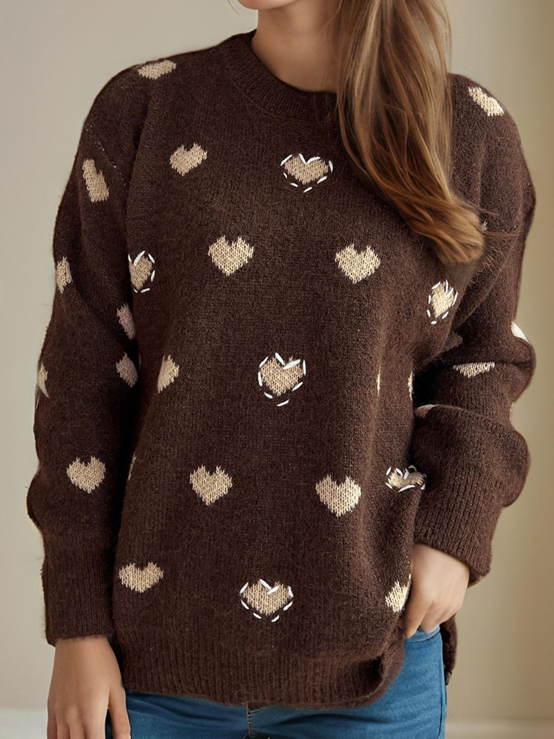 Heart Round Neck Long Sleeve Sweater-TOPS / DRESSES-[Adult]-[Female]-Brown-One Size-2022 Online Blue Zone Planet