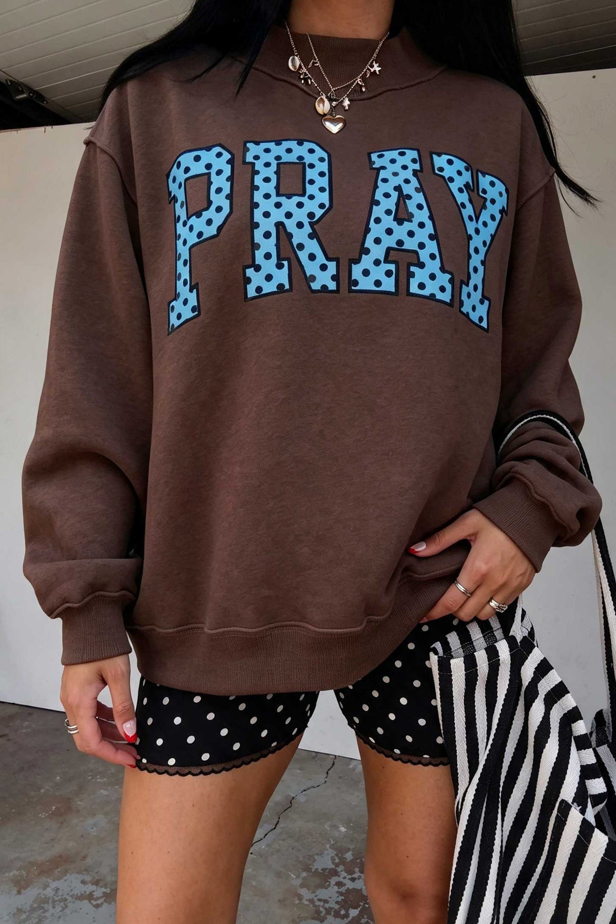 Gray PRAY Polka Dot Embroidered Mock Neck Sweatshirt