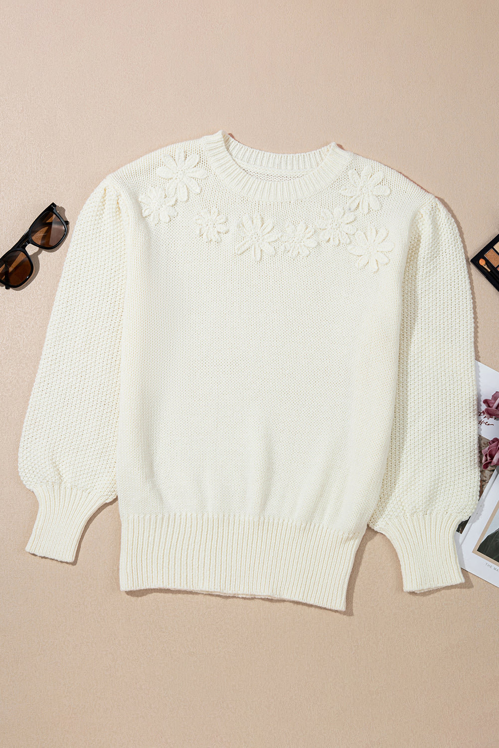 White Flower Detail Round Neck Contrast Textured Puff Sleeve Sweater-TOPS / DRESSES-[Adult]-[Female]-2022 Online Blue Zone Planet