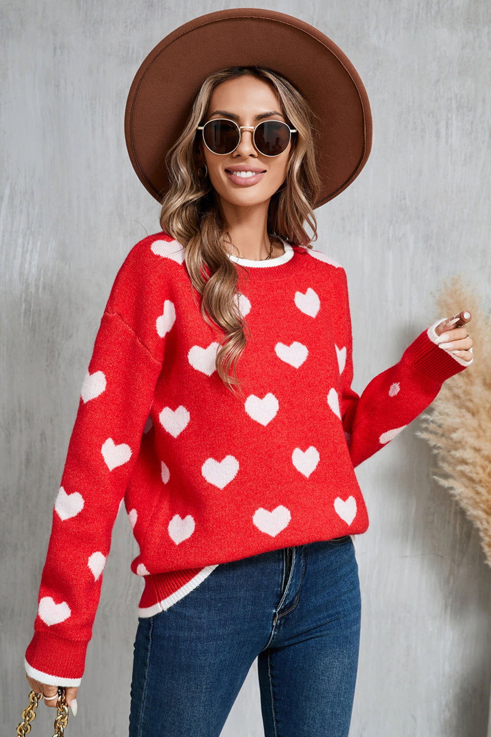 Angel Wings Contrast Trim Heart Round Neck Sweater-TOPS / DRESSES-[Adult]-[Female]-2022 Online Blue Zone Planet