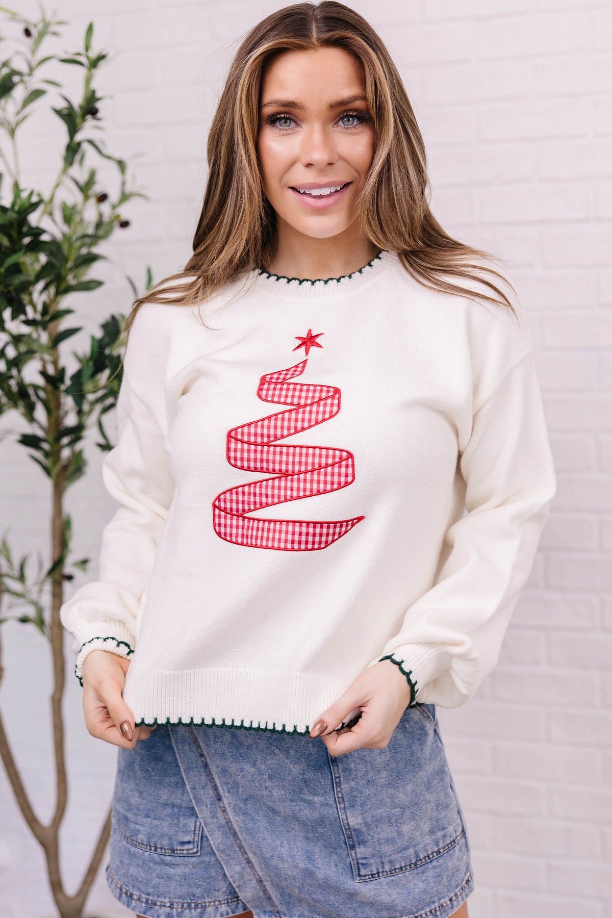 Beige Stitched Detail Christmas Tree Holiday Casual Sweater-Sweaters & Cardigans-[Adult]-[Female]-2022 Online Blue Zone Planet