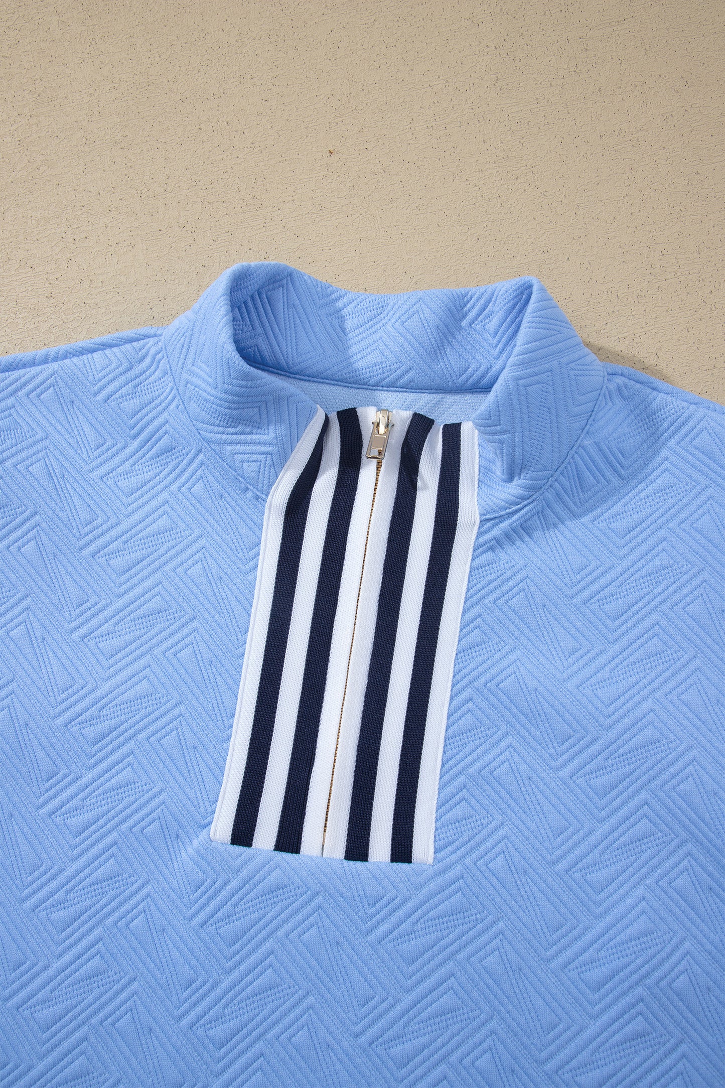 Myosotis Stylish Textured Stripe Trim Split Neck Puff Sleeve Top-Tops/Tops & Tees-[Adult]-[Female]-2022 Online Blue Zone Planet
