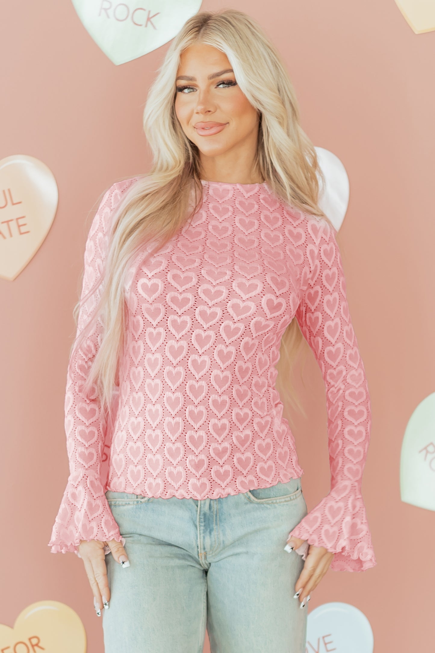 Gossamer Pink Heart Jacquard Flare Sleeve Mock Neck Fitted Top-Tops/Long Sleeve Tops-[Adult]-[Female]-2022 Online Blue Zone Planet