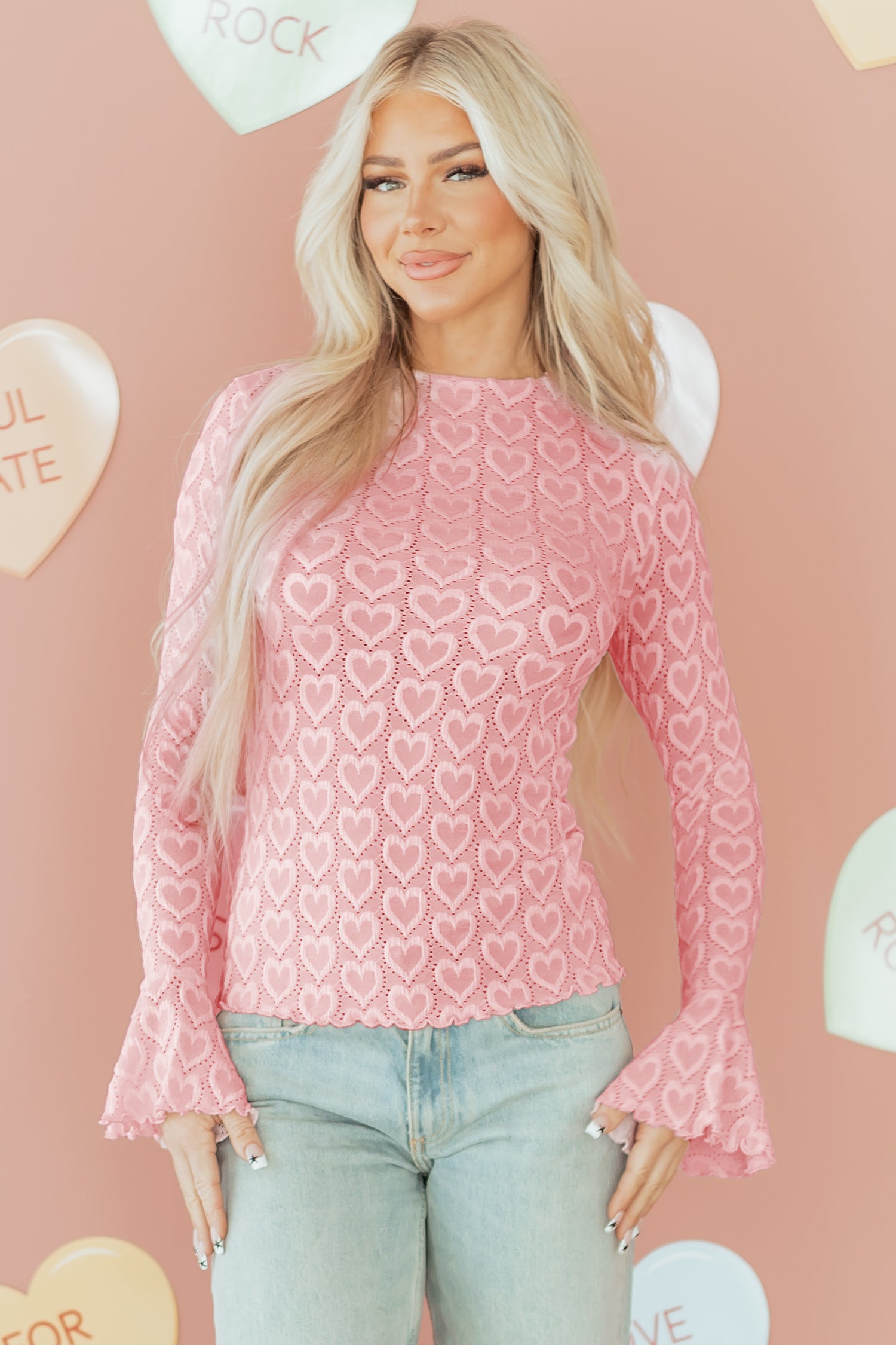 Gossamer Pink Heart Jacquard Flare Sleeve Mock Neck Fitted Top-Tops/Long Sleeve Tops-[Adult]-[Female]-2022 Online Blue Zone Planet