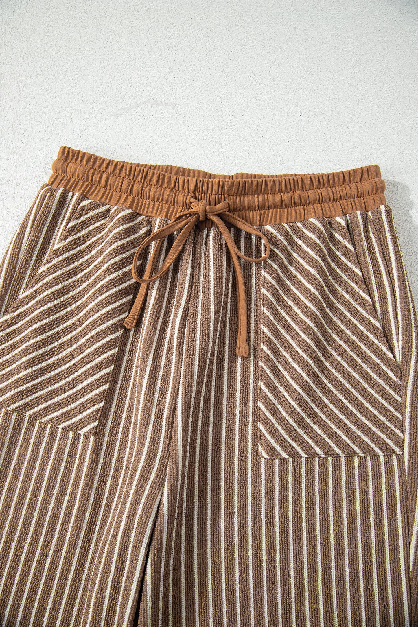 Khaki Stripe Crew Neck Tee Drawstring Waist Cropped Pants Set-Two Piece Sets/Pant Sets-[Adult]-[Female]-2022 Online Blue Zone Planet